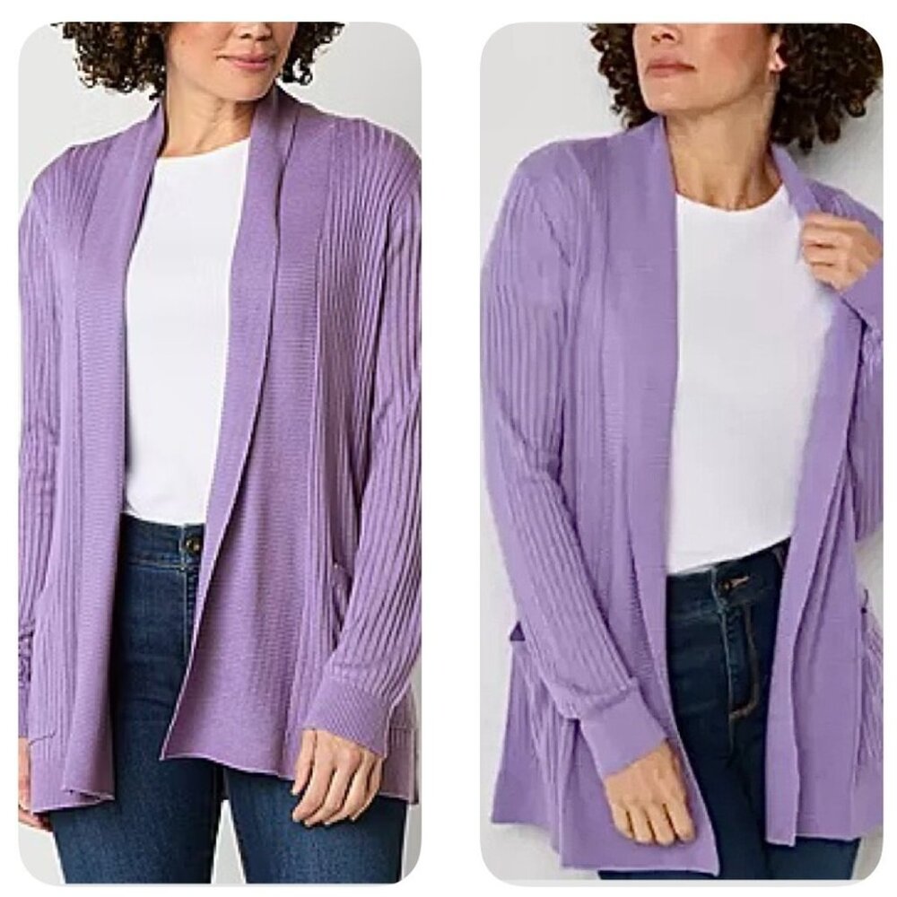 Liz Claiborne Cardigan Sweater‎ Womens XXL Purple Open Front Ribbed Knit Pockets
